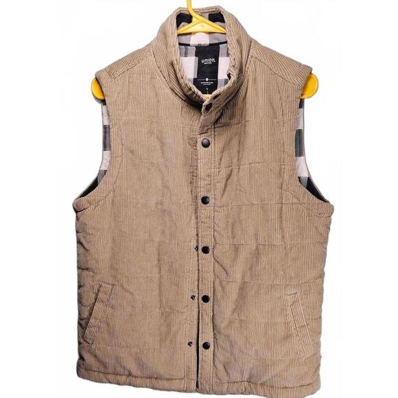 Union SEA WA Men's Beige Corduroy Vest with Plaid Lining Size Small - Picture 1 of 8
